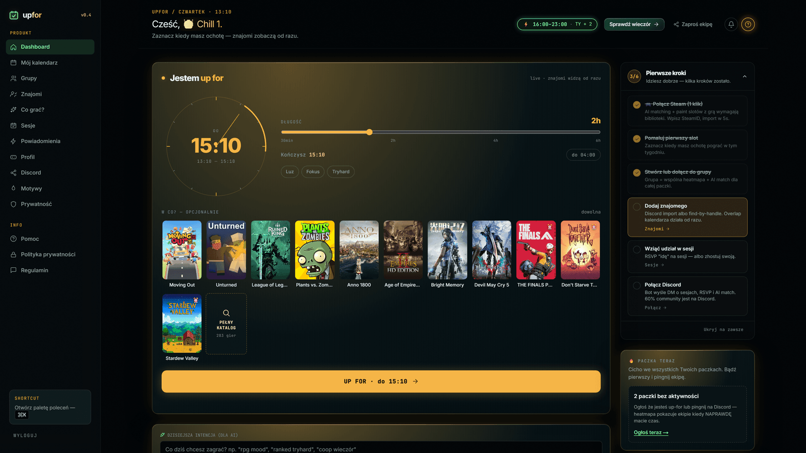 Dashboard upfor — tonight golden, MyLivePanel z slider'em, lista gier, pierwsze kroki