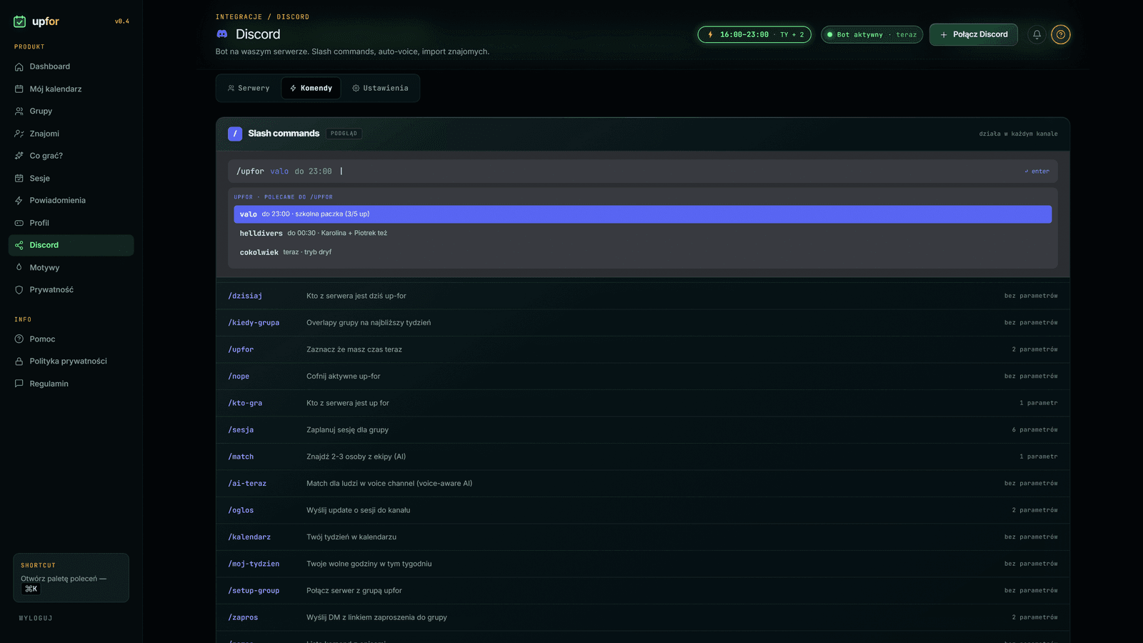 Integracja Discord — bot upfor, lista 18 slash commands po polsku, voice auto-track