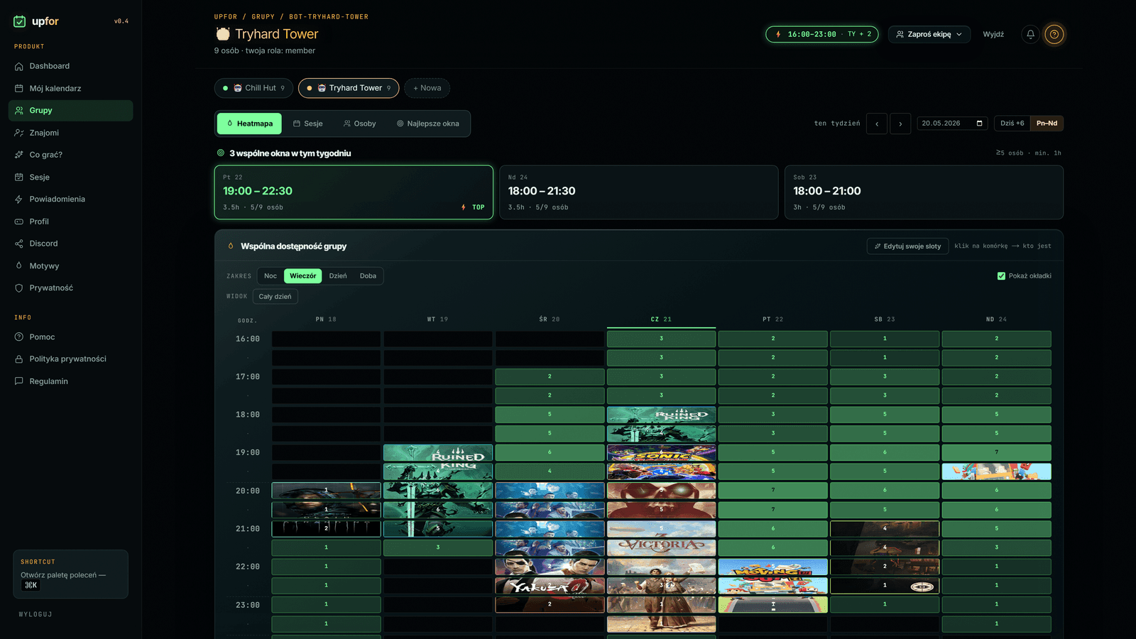 Heatmapa grupy upfor — 8 osób, 3 wspólne okna w tygodniu, golden cells gdy wszyscy up for